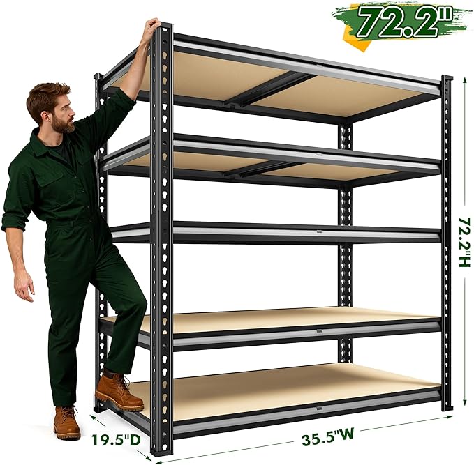 72.2" H Garage Shelves 2230LBS Storage Shelves, 5 Tier Adjustable Metal Shelving, Heavy Duty Shelving for Storage, Basement, Warehouse, Pantry, Kitchen, 35.5" W x 19.5" D x 72.2" H, Black