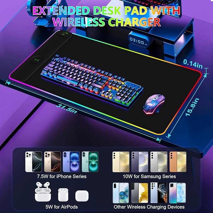 Magnetic Wireless Charging RGB Mouse Pad, 31.5'' x 15.8'' Large LED Gaming Desk Mat, 24 Light Effects, Non-Slip Rubber Base, Waterproof Ultra-Smooth Surface