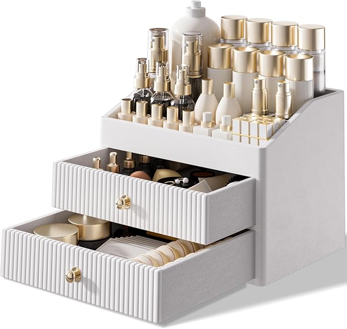 Makeup Organizer Countertop,Leather Makeup Storage with 2 Drawers,Large Capacity Beige White Make up Organizers for Counter,Bedroom,Bathroom,Birthday Gifts for Women