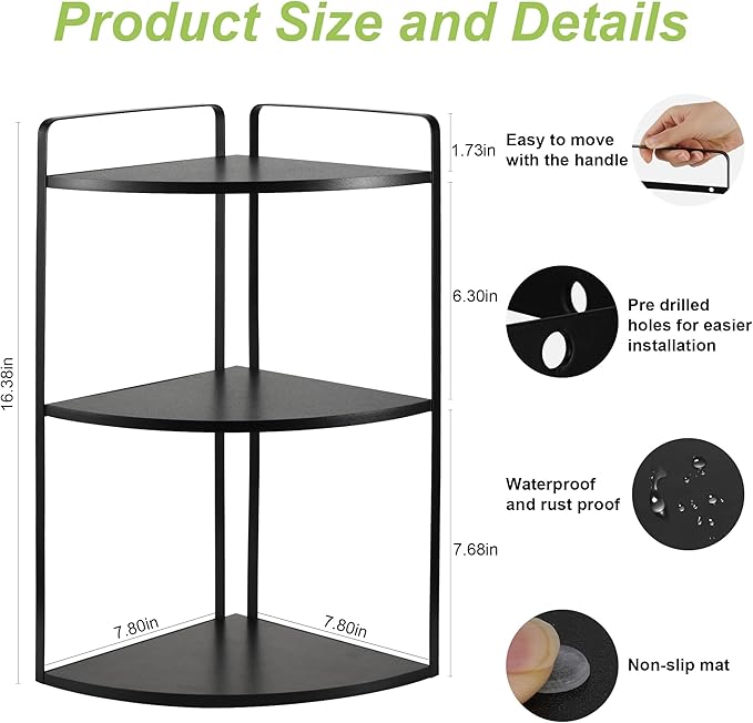 3 Tier Corner Bathroom Counter Organizer, Countertop Organizer, Vanity Organizers, Bathroom Storage Sink Shelf, Wooden and Metal Counter Shelf, Corner Counter (Black)