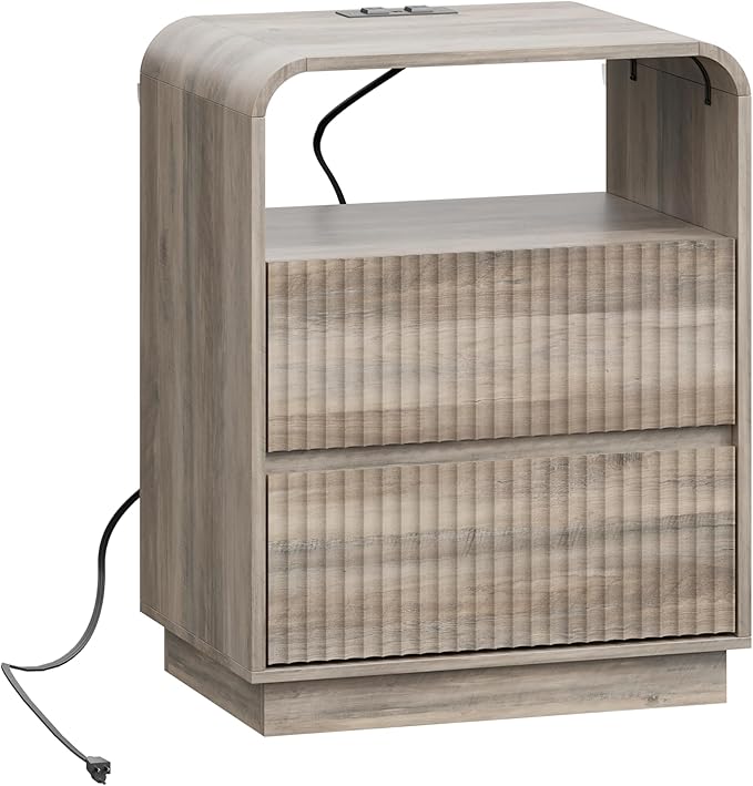 Grey Nightstand with Charging Station, Mid Century Modern Bedside Table & End Table, Fluted Wood Small Night Stand with 2 Hidden Drawers and Storage Shelf for Bedroom, Gray