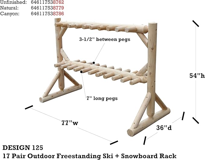 17-Place Freestanding Log Ski Rack Holder, Indoor & Outdoor Snowboard Racks, Standing Storage, Garage Racks for Snow Skis, Durable Snowboard Rack Garage Storage Organizer - Unfinished + 15" Anchor Kit
