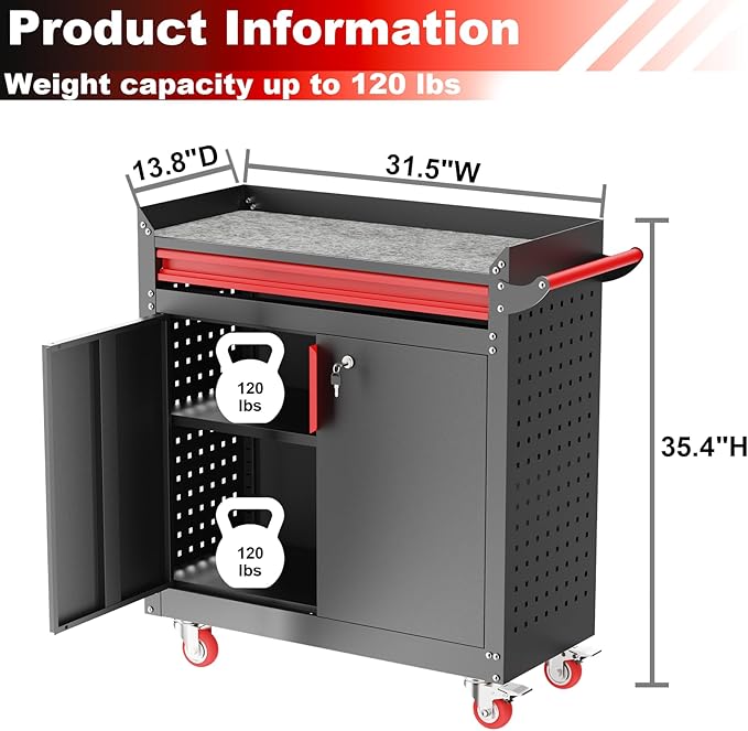 Metal Garage Storage Cabinet with Wheels,Lockable Storage Cabinets with Adjustable Shelf,Steel Tool Locker with Pegboard and Handle for Garage,Warehouse