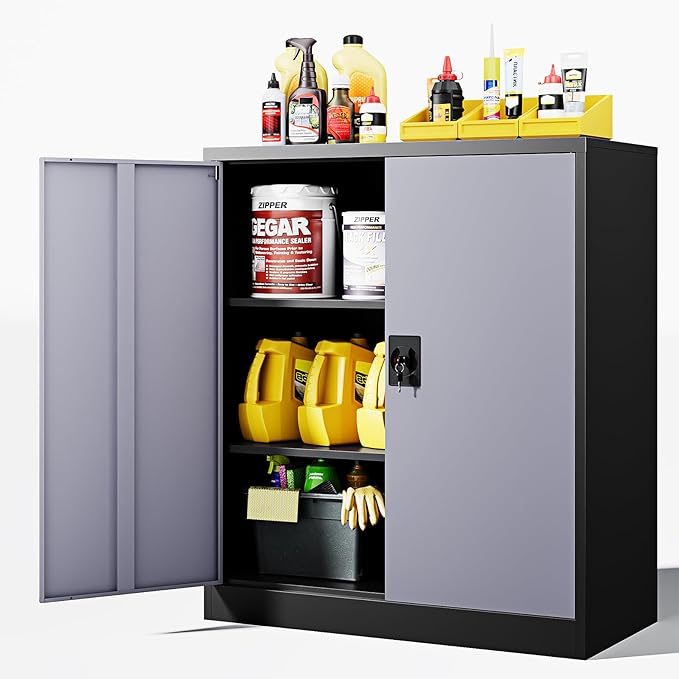 Letaya Metal Storage Cabinets with Lock Door,2 Adjustable Shelves Organizer Steel Storage Cabinets for Home,Office,Warehouse,Garage,Employee Lockers(Black Gray)