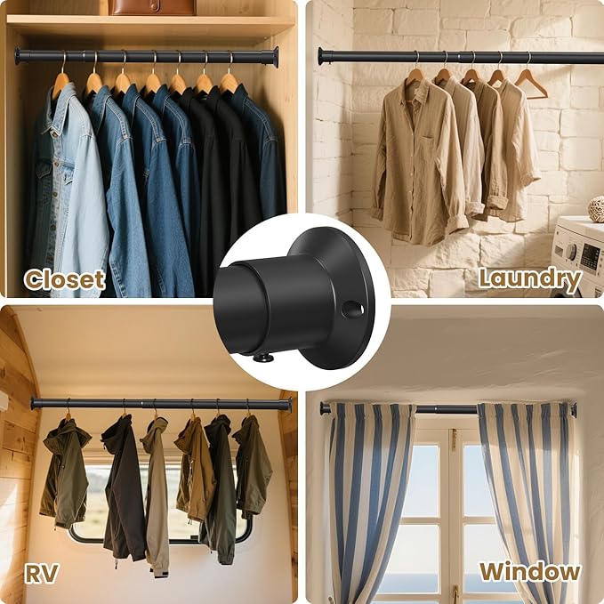 Closet Rod,18 to 32 Inches Matte Black Closet Rods for Hanging Clothes Heavy Duty Closet Hanging Rod Adjustable Closet Poles for Wardrobes,RV,Laundry