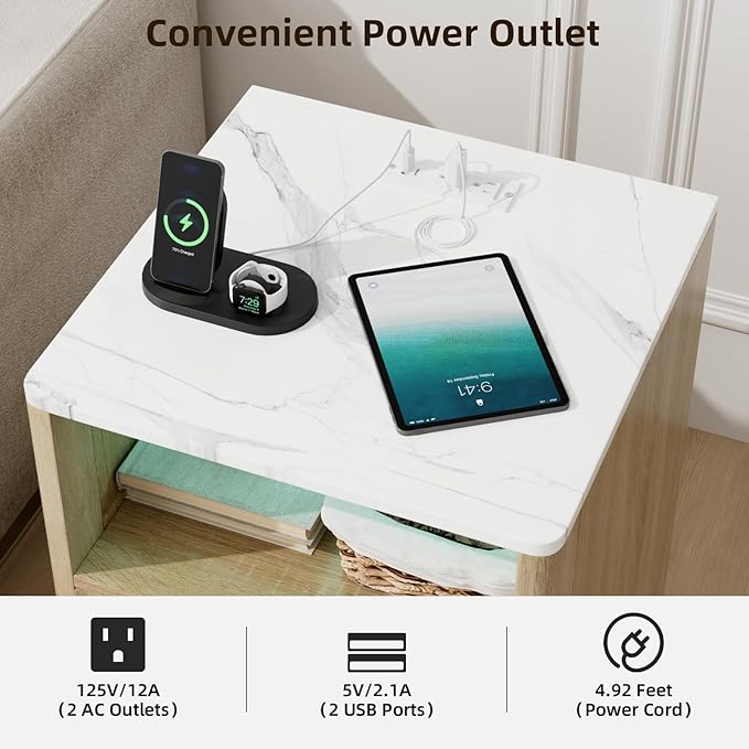 VOWNER Fluted Nightstand with Charging Station, 18” Night Stand with 2 Drawers, Faux Marble Top End Table with Storage Shelf, Curved Profile Side Table, Bedside Table for Bedroom Living Room, Oak