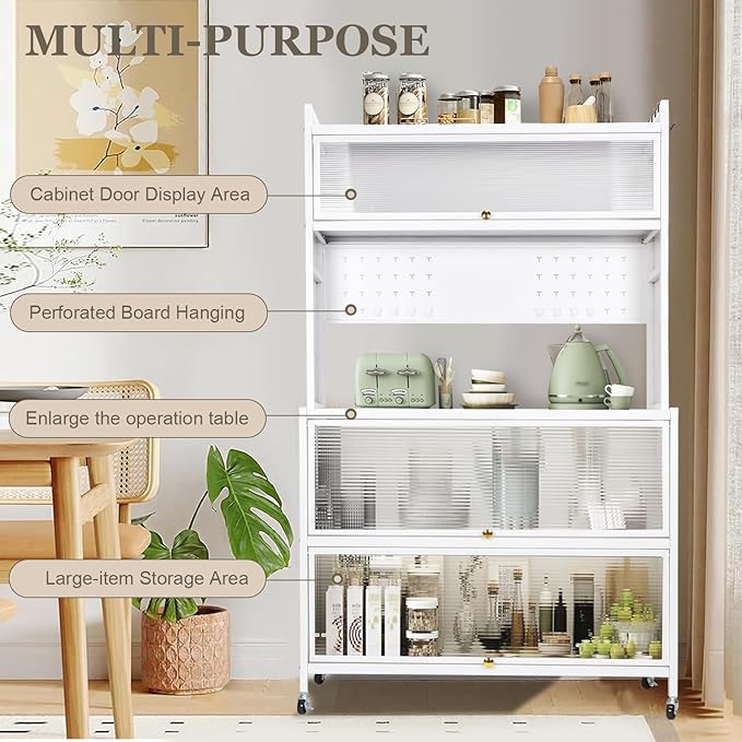 Mobile Kitchen Storage Cart with Wheels,Wheeled Multi-Layer Floor Storage Cabinet with Locker Hole Board Freestanding Storage Cabinet Rust Proof Microwave Oven Pot Oven Rack