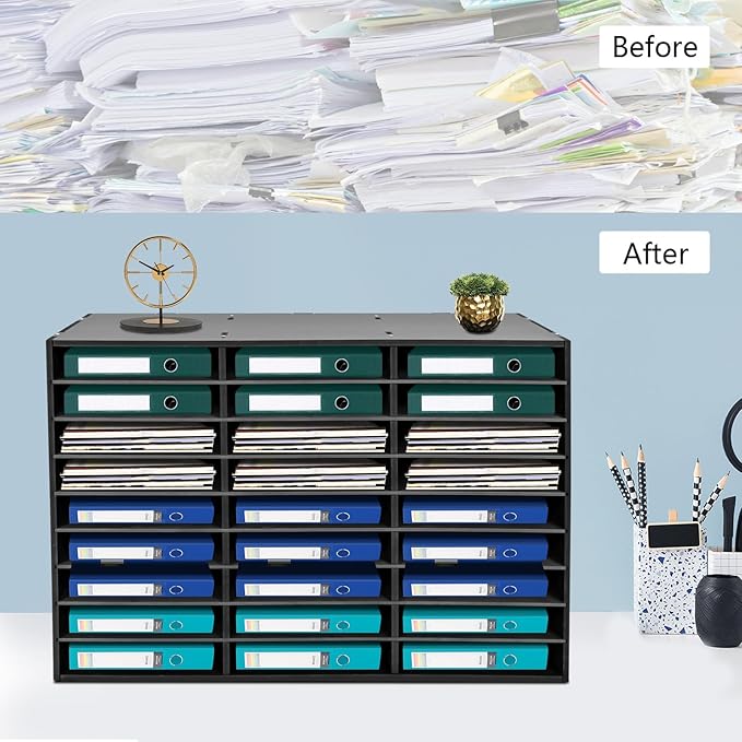 27 Compartments Literature Organizer, Desktop File Sorter Mail Center Paper Storage Cabinet Classroom Mailbox for Files Documents Papers Magazines(White) (Black 27Slots 1)