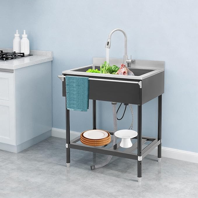 Stainless Steel Utility Sink, Free Standing Single Bowl Kitchen Sink with Pull-Out Cold/Hot Faucet, Storage Shelf & Splashback, Large Utility Sinks for Kitchen, Laundry, Garage 30.7"D x 22"W x 40.3"H