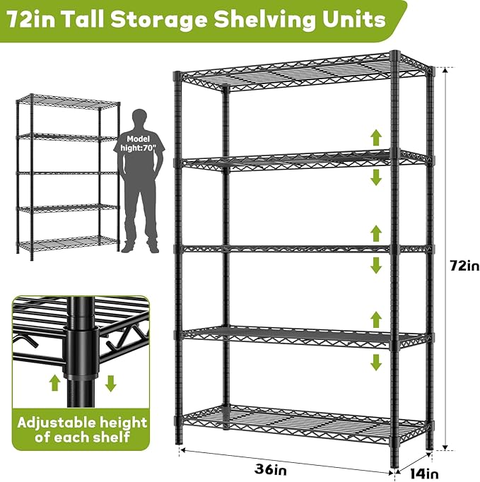 Storage Shelves, 2 PCS 36" L x 14" W x 72" H Heavy Duty Garage Wire Shelving Unit Loads 1750LBS, 5-Tier Adjustable Metal Industrial Utility Shelf Rack for Kitchen, Laundry Room, Basement