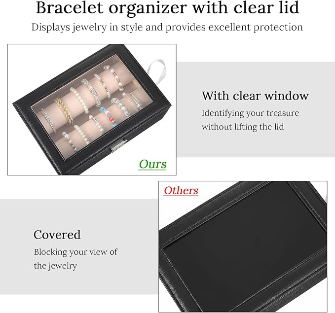 Bracelet Display Holder with Rods for Bangles Watches, Clear Lid Jewelry Organizer Box Storage Case for Women Girls -Black