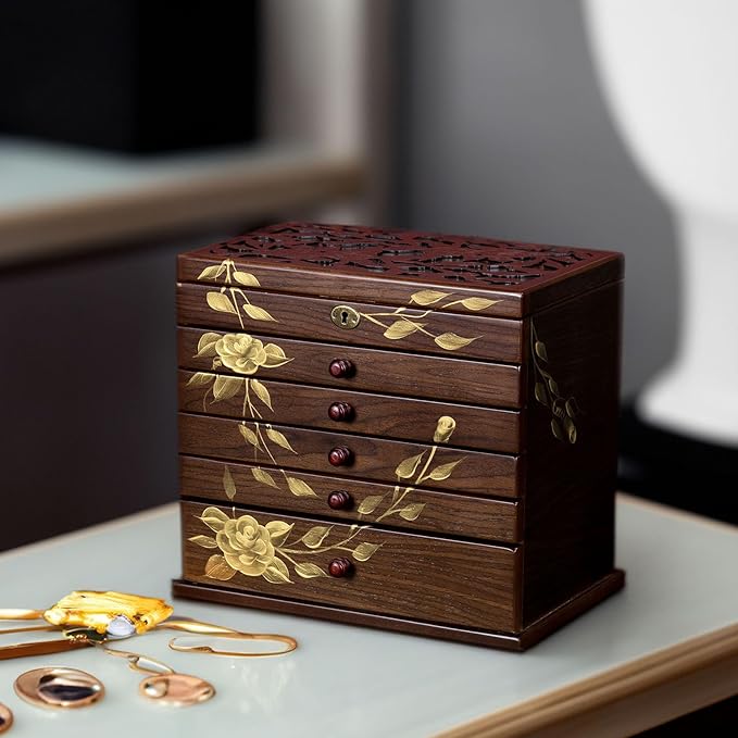 Hand-painted Wooden Jewelry Box, 7 Layer Jewelry Organizer, Vintage Wooden Jewelry Boxes for Women,jewelry holder organizer,5 drawer dresser,necklace organizer box with lock