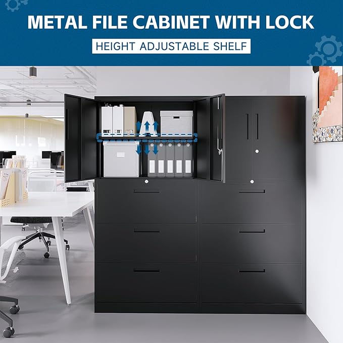 3-Drawer Metal File Cabinet, Lateral Vertical Filing Cabinets for Home Office, Locking File Cabinets with Storage Shelves, Legal/Letter/A4 Size Office File Cabinet (Black, Assemble Required)