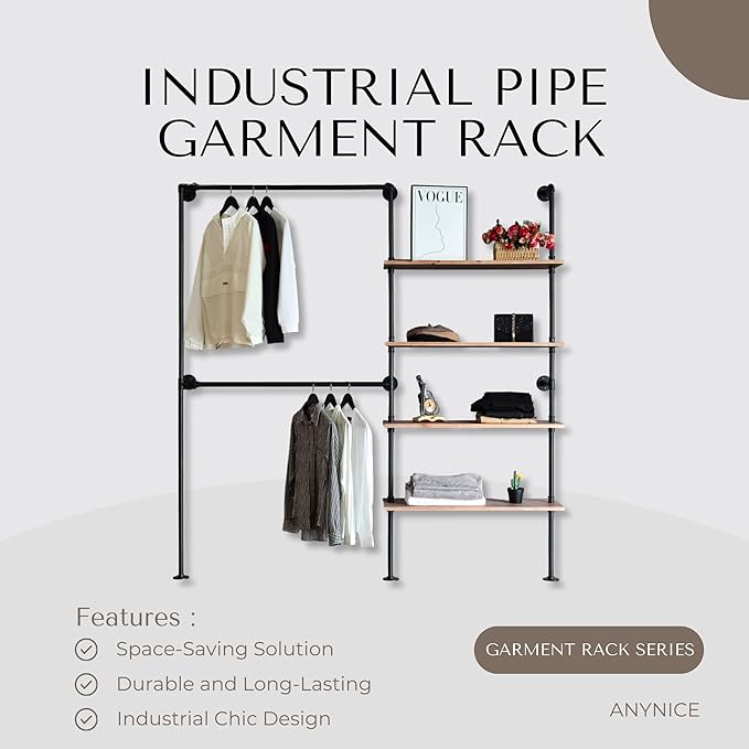 Industrial Pipe Clothing Rack, Wall Mounted Garment Black Wall Hanging Clothing Rack, Heavy Duty Clothes Rack for Walk in Closet Storage, Laundry Room, 14.6x76x82.7 Inches, Model Y02