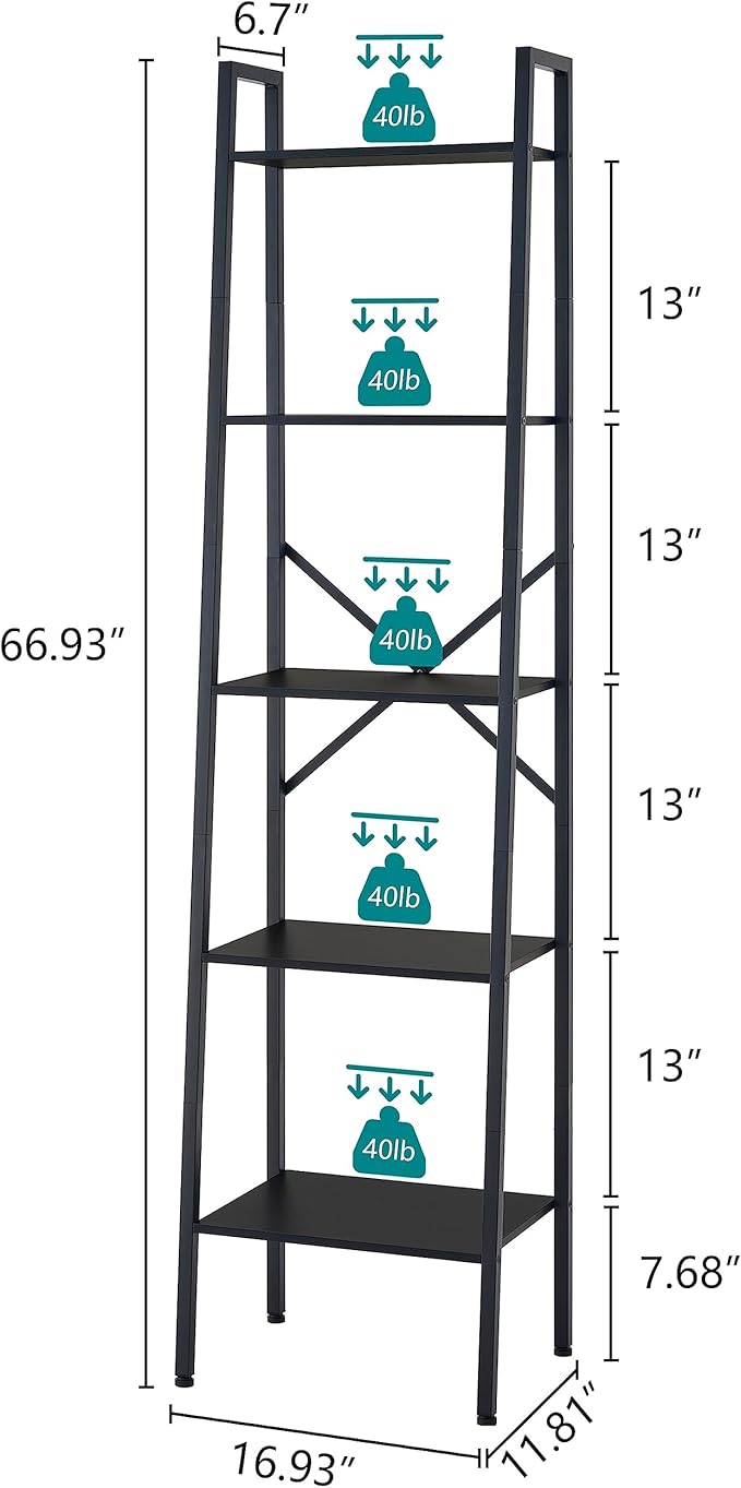Hoctieon 5-Tier Industrial Ladder Bookshelf, Narrow Ladder Shelf, Tall Standing Bookshelf, Skinny Open Ladder Shelf, for Living Room, Home Office, Kitchen, Bedroom, Metal Frame, Black