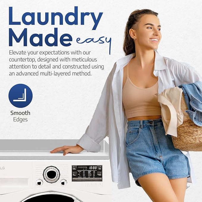 OfficeSimpli Washer Dryer Countertop, Made in USA, Non-Slip Pads, Easy Clean, Laundry Room Essentials and Decor, Washer Dryer Wood Top for Organization (Glacier White, Standard (27.5" x 54"))
