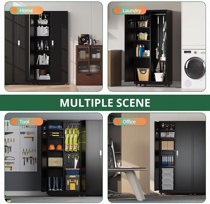 Metal Broom Closet, Garage Storage Cabinet, Tool Chest Bathroom Cabinet with Locking Doors and Wheels, 72" Tall Utility Cabinet with Hanging Rod, Freestanding Storage Cabinet for Cleaning Supplies