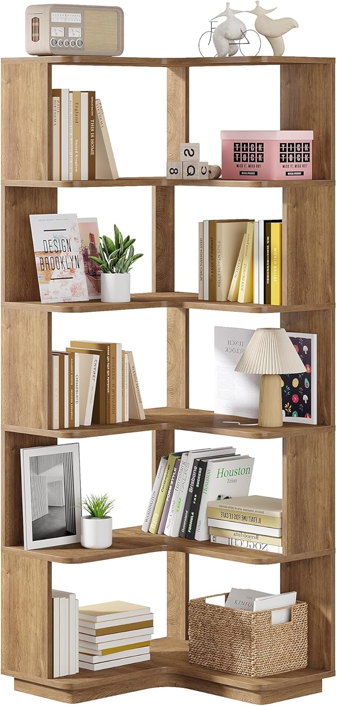 Tribesigns 6 Tier Corner Bookshelf, 64.9 Inches Tall L Shaped Bookcase with Anti-Drop Panel, Freestanding Wood Grain Shelf Display Rack Storage Organizer for Home Office (Light Brown)