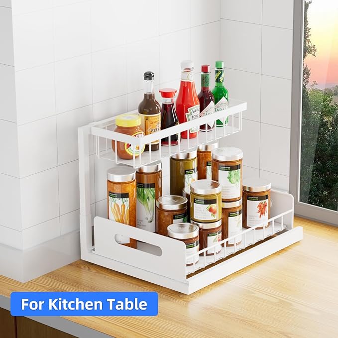 2-Tier Under Sink Slide Out Organizer, 2 Pack Pull Out Cabinet Storage Shelf with Sliding Wire Basket Drawer for Bathroom Kitchen, Countertop or Pantry Shelf, White