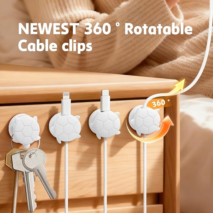 8 Pack Rotatable Cable Clips, Cord Organizer Spring Clip Cord Holder for Nightstand Cable Holders for Cords Charging Cable Organizers Cable Management for Desk Office Car Wall (White)