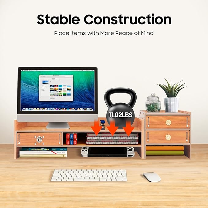 Monitor Stand,Computer Monitor Stand,Computer Rack with Drawers,Desk Shelf Wood Desk Organizer,Wooden Desktop Organizers w/Lock for Home Office Workspace Organizer (5.95lbs)