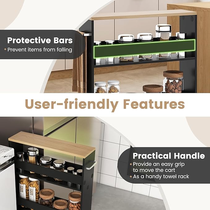 MAT EXPERT Slim Rolling Storage Cart, 4-Tier Freestanding Slim Storage Cart with Wheels 360 Degree & Metal Handle, Wooden Utility Cart for Narrow Kitchen, Laundry Room, Bathroom (Black + Natural)