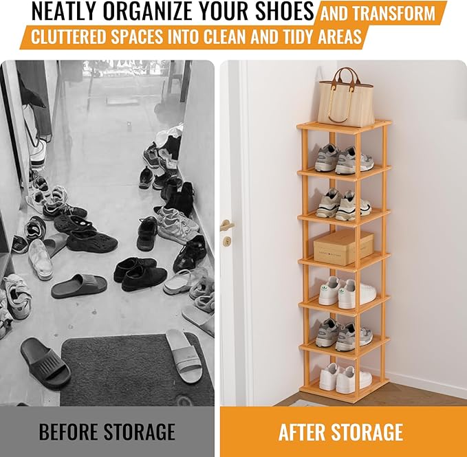 Bamboo Free Standing Shoe Rack Shelf Multi Tier Tall Wooden Stackable Shoes Rack Organizer for Closet Front Door Entrance Narrow Vertical Shoe Storage Rack for Corner Stand (Nature, 7 Tiers)