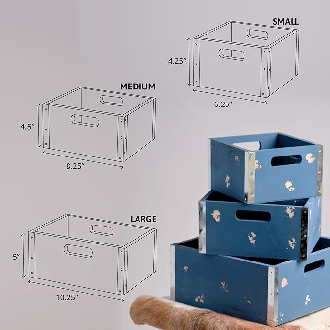 wald imports - Set of 3 Blue Wooden Crates for Storage - Decorative Wooden Crate Set for Home Decoration & Display - Vintage Storage for Household Goods