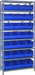 Quantum 1875-463BL Heavy Duty Shelving Unit with (8) Shelves and (28) SSB463 Blue Bins for Industrial Warehouse Storage Distribution | 400 lbs Capacity | 18"D x 36"L x 75"H, Galvanized Carbon Steel
