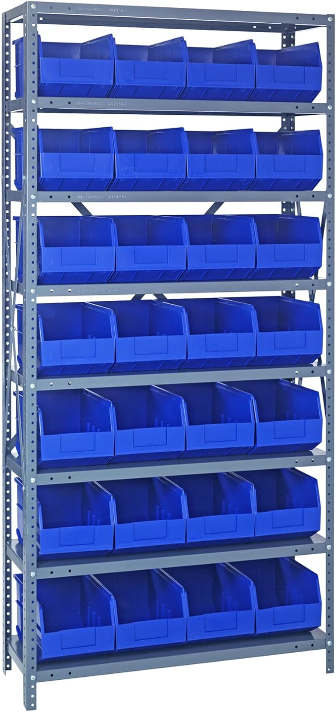 Quantum 1875-463BL Heavy Duty Shelving Unit with (8) Shelves and (28) SSB463 Blue Bins for Industrial Warehouse Storage Distribution | 400 lbs Capacity | 18"D x 36"L x 75"H, Galvanized Carbon Steel