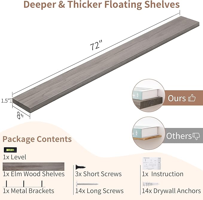 Axeman Rustic Elm Wood Floating Shelves - 72'' W x 8" D Wall Mantel Shelf with Invisible Bracket, Large Long Wall Mounted Storage Shelves for Living Room, Bedroom, Kitchen, Bathroom, Grey