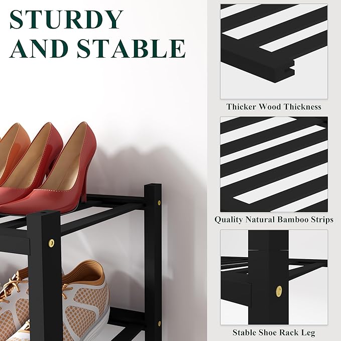 Smiry Bamboo Shoe Rack for Closet, 5 Tier Small Wooden Stackable Shoe Organizer, Free Standing Shoes Storage Shelf for Entryway, Front Door Entrance, Black