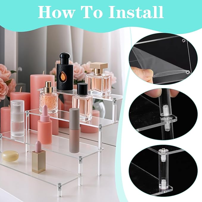 2 Pack 4 Tier Acrylic Display Risers, Clear Perfume Organizer, Clear Risers for Display Cupcake, Cosmetics, and Collectibles (11.8 x 10.2 x 7.8 inch)