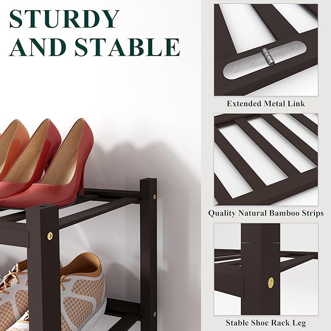 Smiry Bamboo Shoe Rack for Closet, 5 Tier Wooden Stackable Shoe Organizer, Free Standing Shoes Storage Shelf for Entryway, Front Door Entrance, Brown
