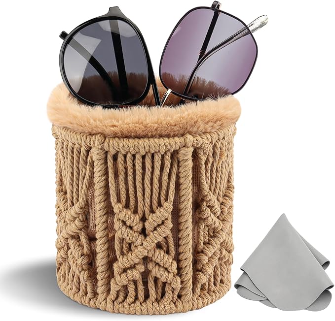 RayLove Glasses Holder for Nightstand, Boho Decor Eyeglass Case, Plush Lined Glasses Holder Stand for Office Desk Organizer