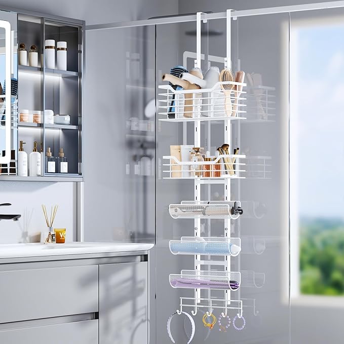 Consumest 6-Tier Hair Tool Organizer - Hair Dryer Holder Over The Door/Wall Mounted DIY Adjustable Shelf Bathroom Door Organizer with Hook for Curling Iron/Blow Dryer/Straightener White
