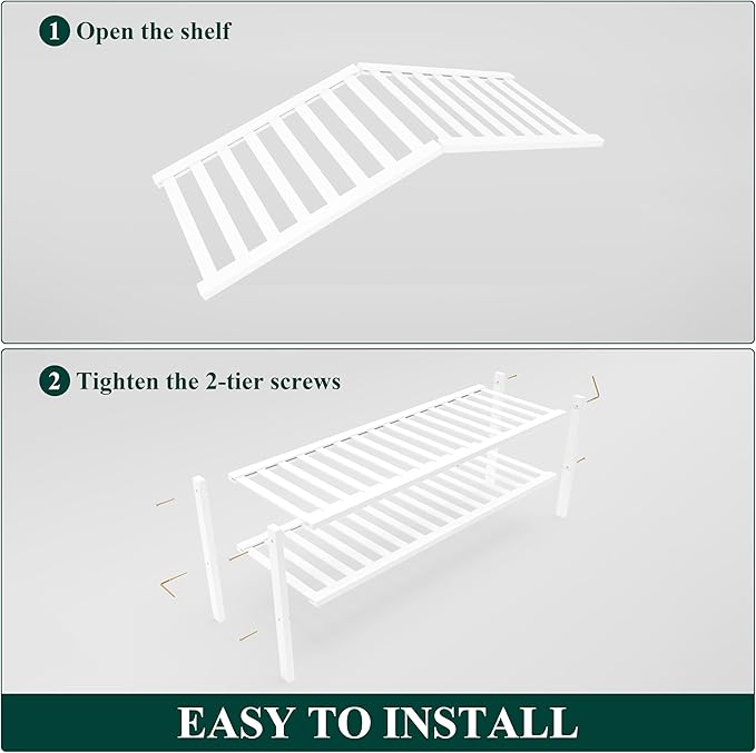 Smiry Bamboo Shoe Rack for Closet, 2 Tier Long Wooden Stackable Shoe Organizer, Free Standing Shoes Storage Shelf for Entryway, Front Door Entrance, White