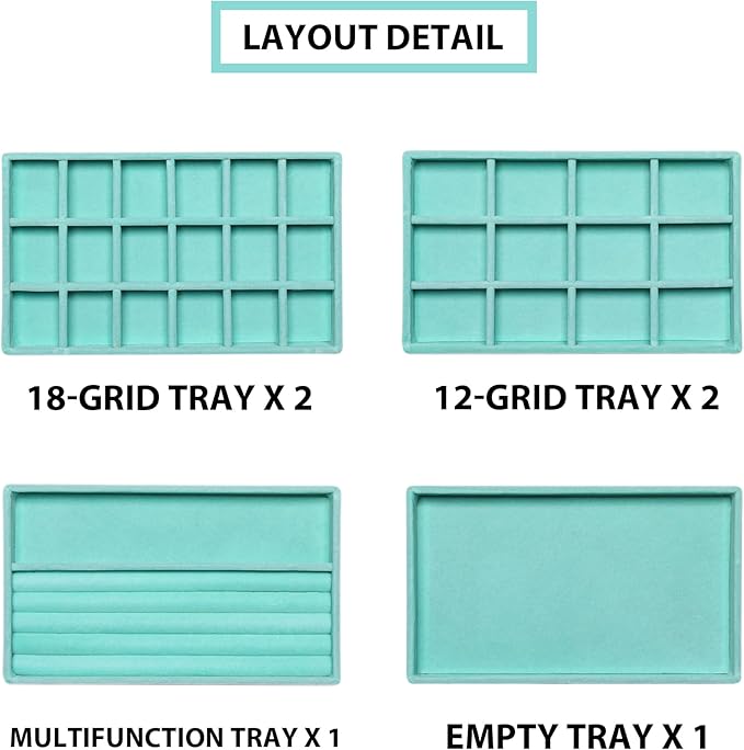 Frebeauty Jewelry Organizer Tray,Stackable Velvet Jewelry Trays,Drawer Inserts Earring Organizer For Women Jewelry Storage Display Case for Rings Stud Necklaces,Set of 6(Turquoise)