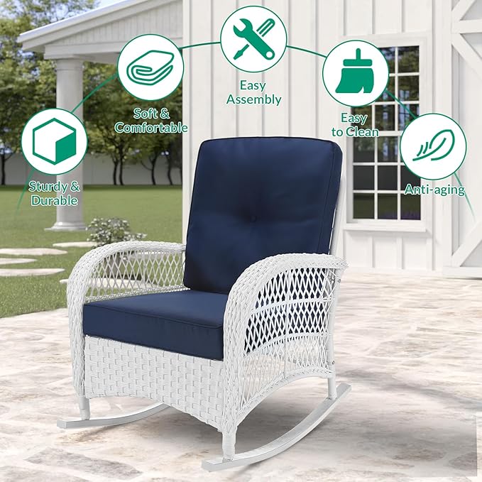 VIVIJASON 2 Piece Patio Wicker Rattan Rocker Chair, Outdoor Rattan Rocker Chair with Cushions & Steel Frame, All-Weather Rocking Lawn Wicker Furniture for Garden Backyard Porch (White/Navy Blue)
