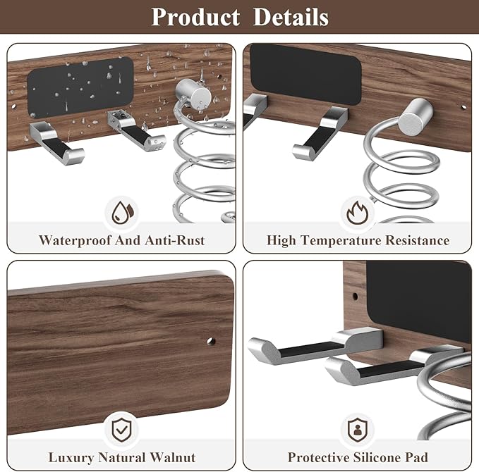 Tindbea Hair Dryer Holder Curling Iron Holder, Blow Dryer Holder Wall Mount, Bathroom Hair Tool Organizer Rack for Universal Dryer, Walnut Wood Silver Color Metal