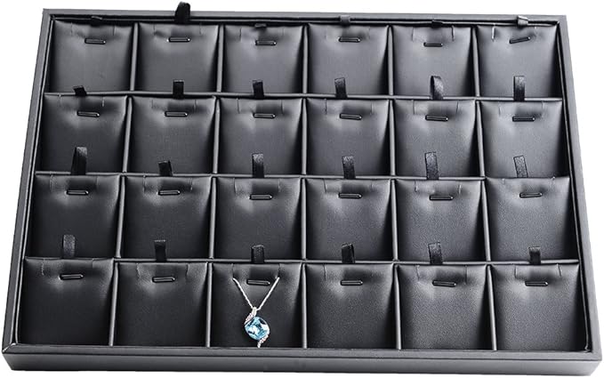 Black PU Leather Jewelry Display Tray 24 Grids Pendant Earrings Necklace Organizer Display Showcase Jewelry Storage Tray