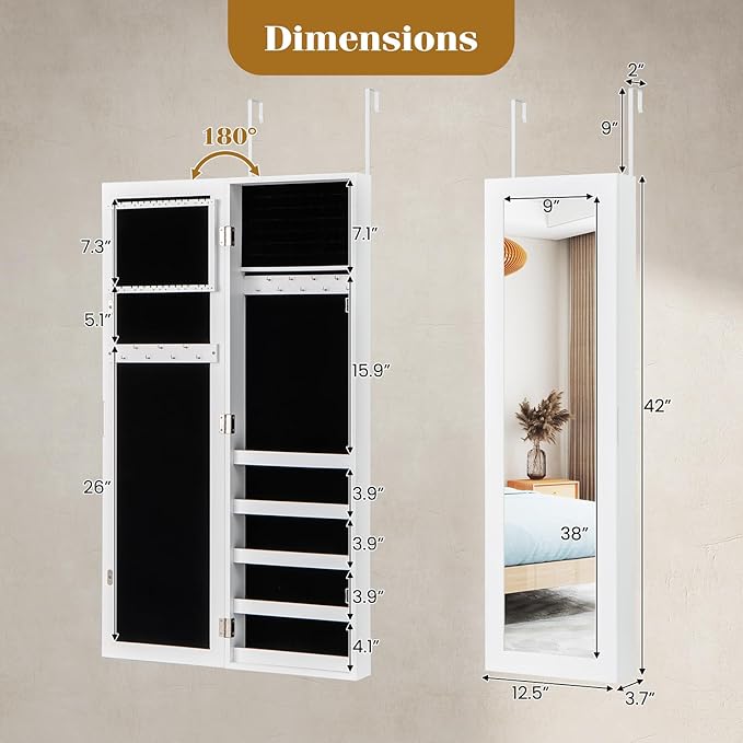 Giantex Wall or Door Mounted Jewelry Cabinet with Full Length Mirror, Over The Door Jewelry Armoire Organizer, Hanging Storage Cabinet with Necklace Hooks, Earring Slots, Ring Slots & Shelves (White)