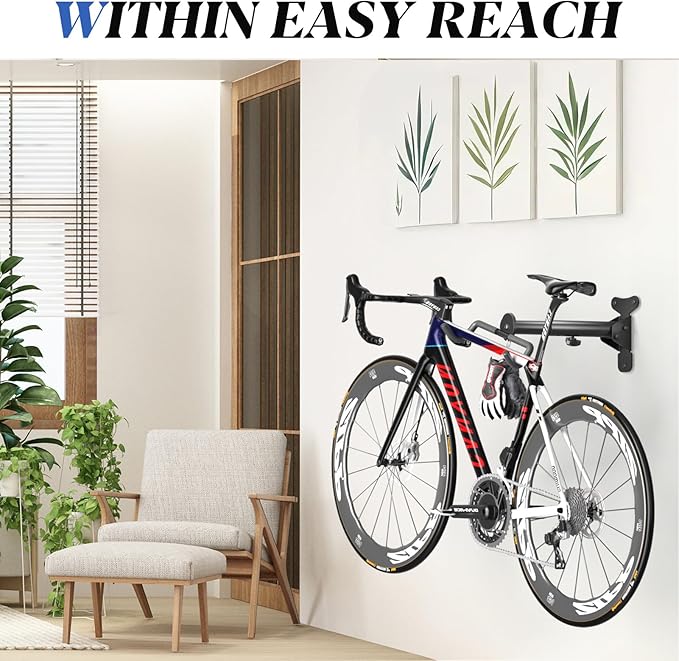 Goovilla Bike Wall Mount Hanger Adjustable - Space Saving Horizontal Bicycle Rack for Mountain/Road/Hybrid Bikes | Secure Home Garage Storage with Easy Installation | 1-Pack Cycling Holder Hook,Black