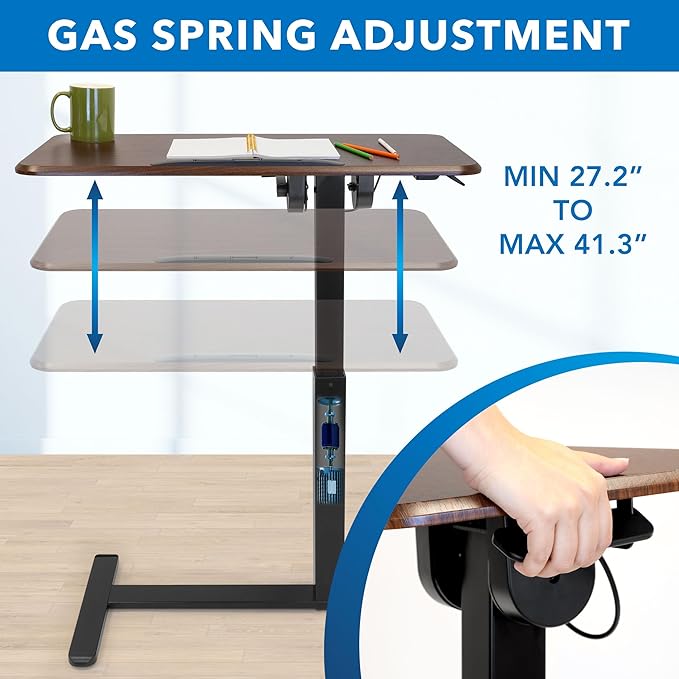 Mount-It! Rolling Bedside Table, Overbed Tray Table on Wheels for Hospital or Home Meals in Bed, Adjustable Height Tilting Swivel Standing Laptop Desk 31"x15" with Wheels, Walnut Color 27" to 41" High