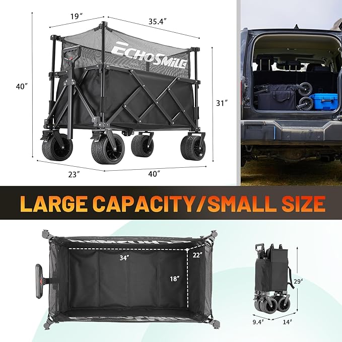 EchoSmile Collapsible Folding Wagon Cart with Mesh Fabric - 480lbs Capacity 2-in-1 Heavy Duty Utility Wagon for Camping, Beach, Grocery &Shopping