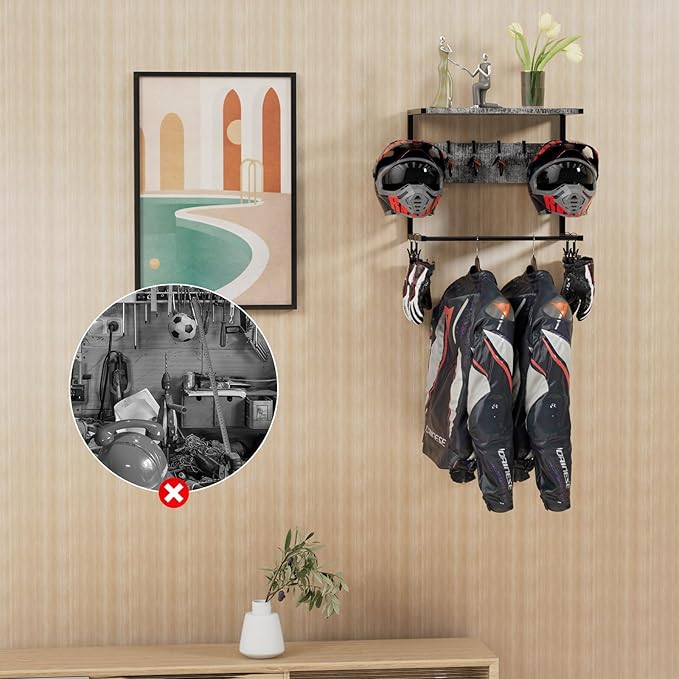 Motorcycle Helmet Holder Wall Mounted, Helmet Holder Wall Mount with Helmet Rack, Motorcycle Helmet Rack for Most of Helmet and Clothes