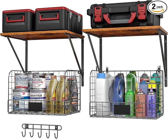 2 Pack Garage Shelves Wall Mounted with Wire Storage baskets, Heavy Duty Garage Wall Shelving with Hooks, Wooden floating shelves Tool Organizer for Home Garden Garage Organizers and Storage