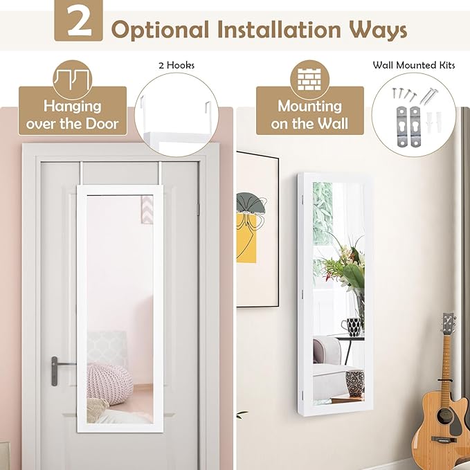 HAPPYGRILL Wall Mounted Jewelry Cabinet with Full Length Mirror, Over The Door Jewelry Organizer w/Built-in Makeup Mirror, Storage Shelves, Door Mounted Jewelry Armoire for Women, Girls(White)