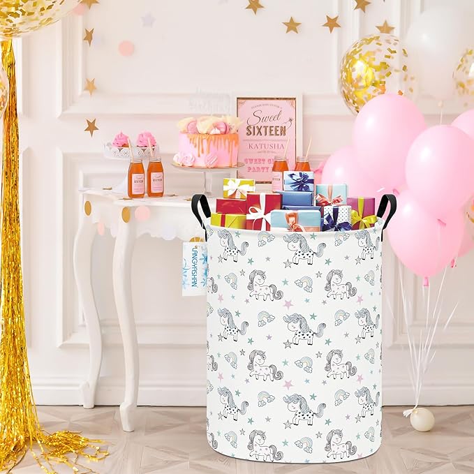 LANGYASHAN Laundry Basket Canvas Fabric Collapsible Organizer Basket for Storage Bin Toy Bins Gift Baskets Bedroom Clothes Children Nursery Hamper (Rainbow Unicorn)