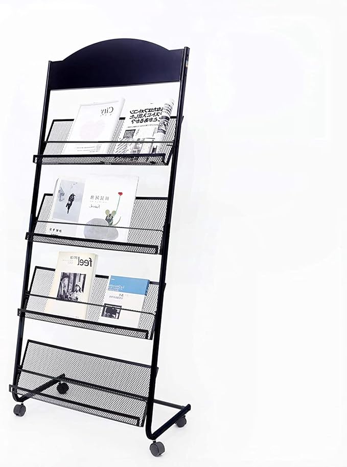 Floor Standing Magazine Rack,The Wheels with Locking 4 Tier Document Display Rack for Exhibition Office Shopping Mall Waiting Room and Other Places （BLACK